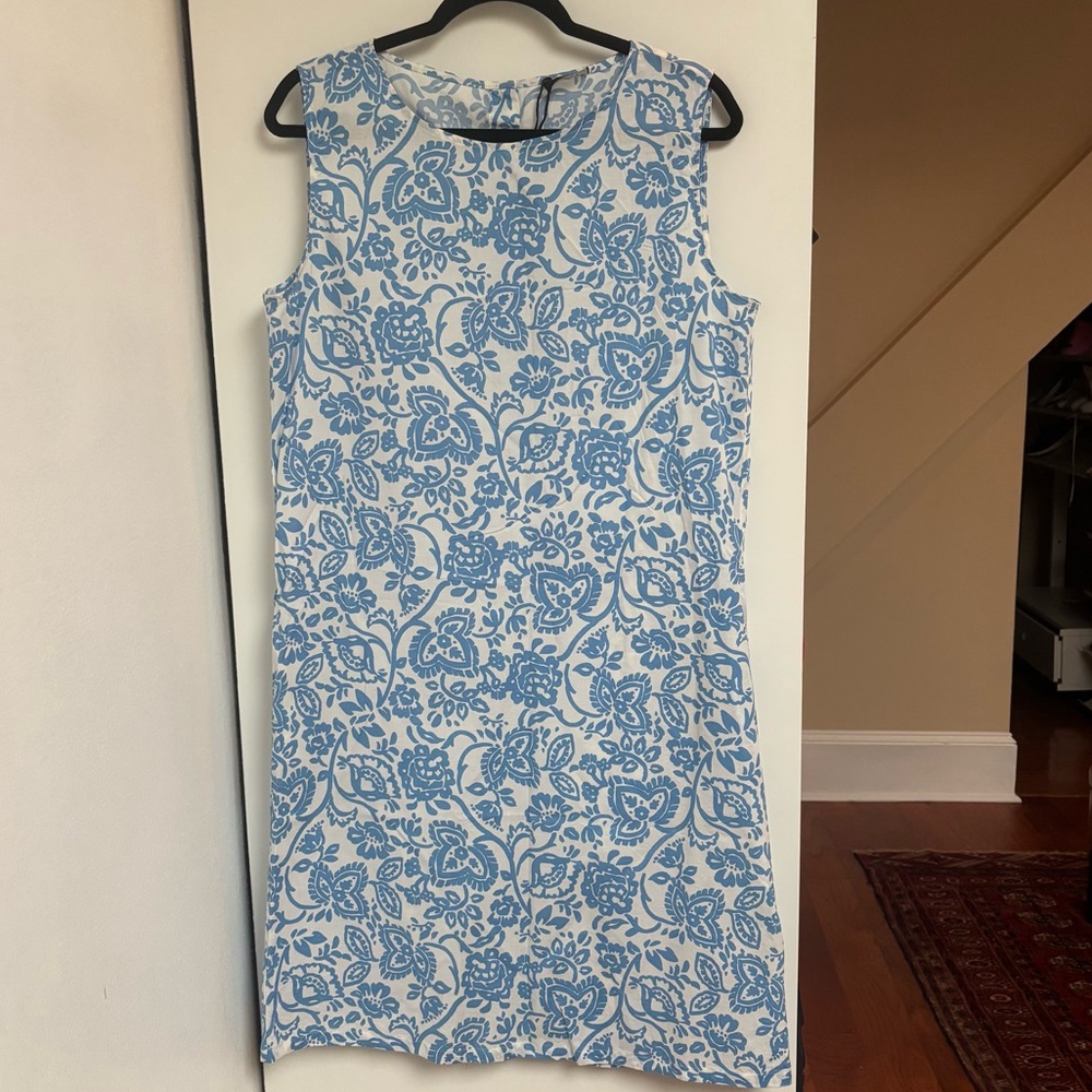 MARELLA Blue and White Sleeveless Sheath Midi Dress
